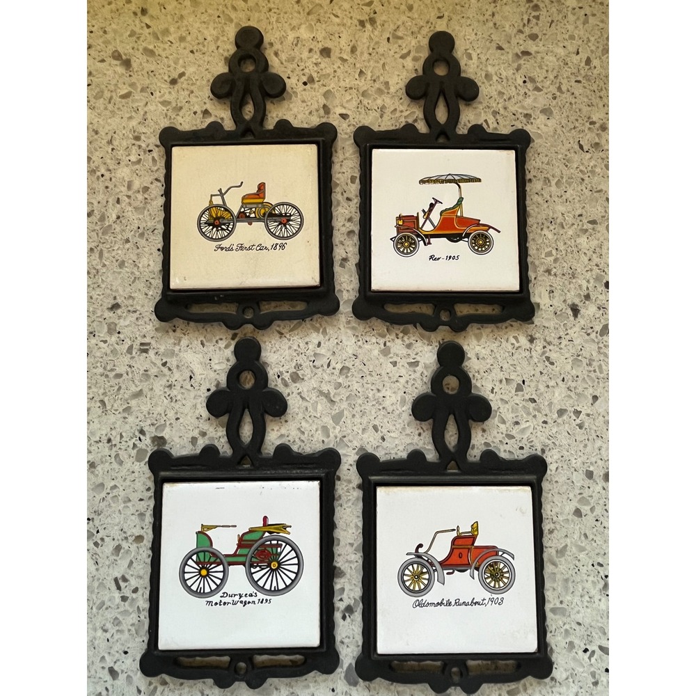 Vintage San-Huan Cast Iron Ceramic Tile Trivets Set 4 Antique Cars Wall Decor